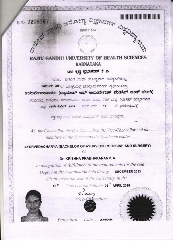 Ayurvedic Dr Krishna P certificates