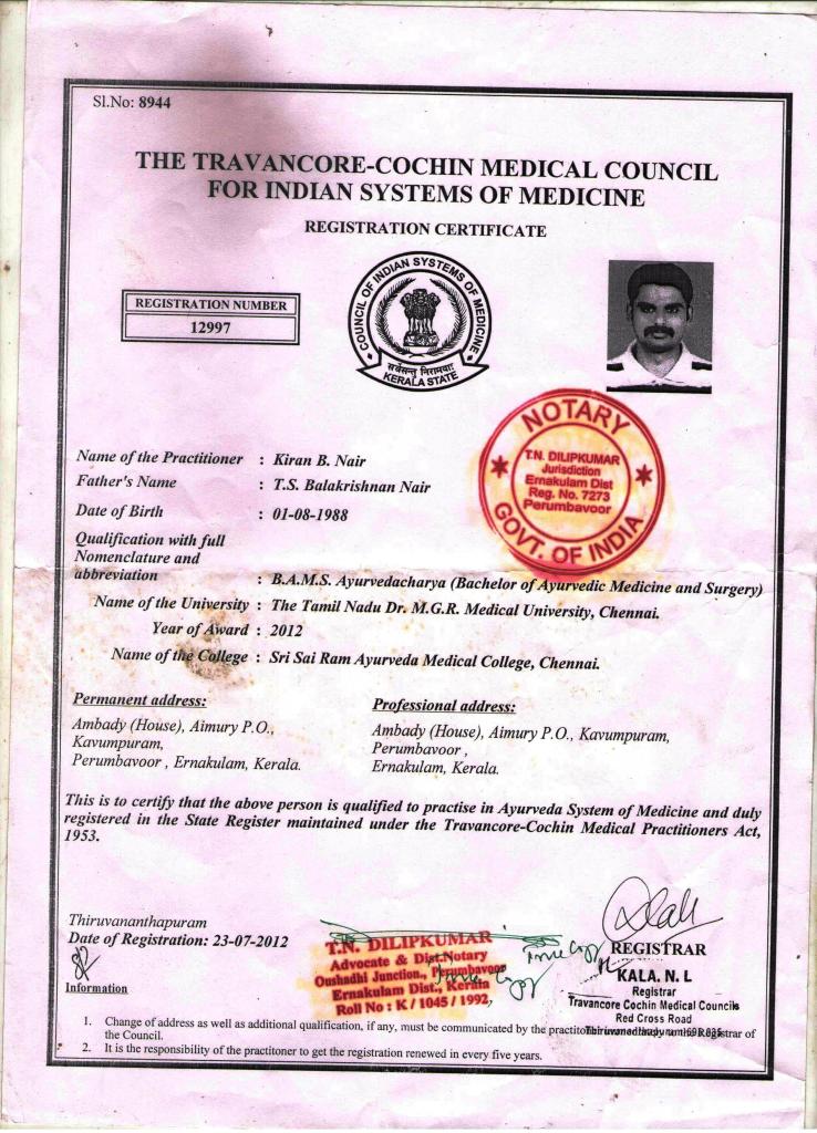 images - Ayurvedic Dr. Kiran B Nair certificates
