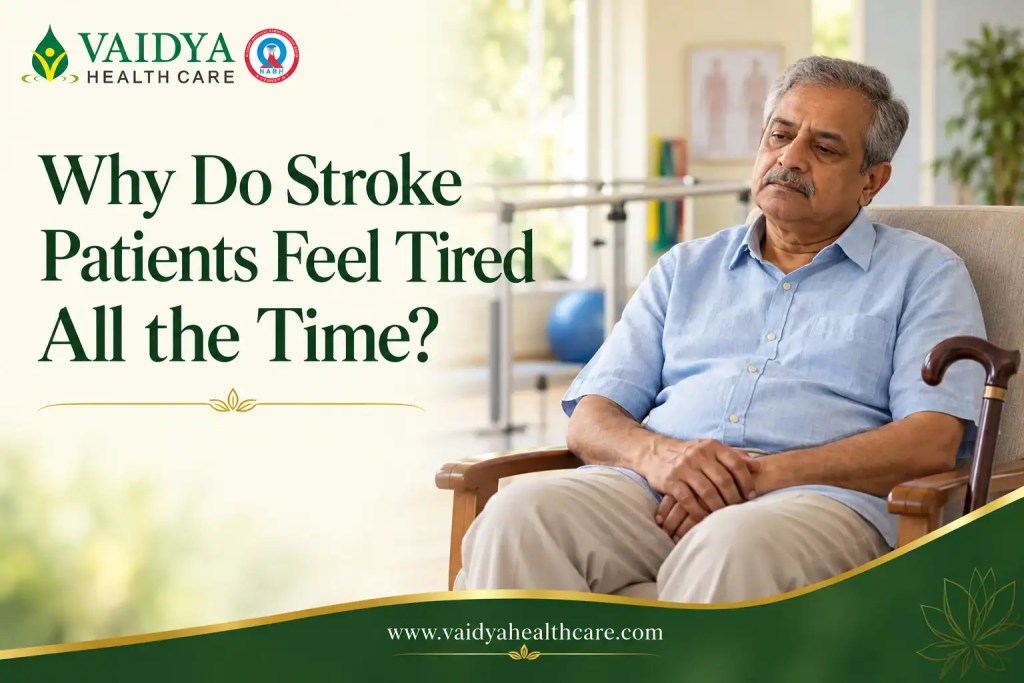 Stroke Treatment Rehabilitation in Ayurveda at Vaidya Healthcare - Informational ad image: an older man in a light blue shirt sits calmly in a clinic setting; large text asks, 'Why Do Stroke Patients Feel Tired All the Time?' with Vaidy a Health Care branding and a green/gold design at the bottom.