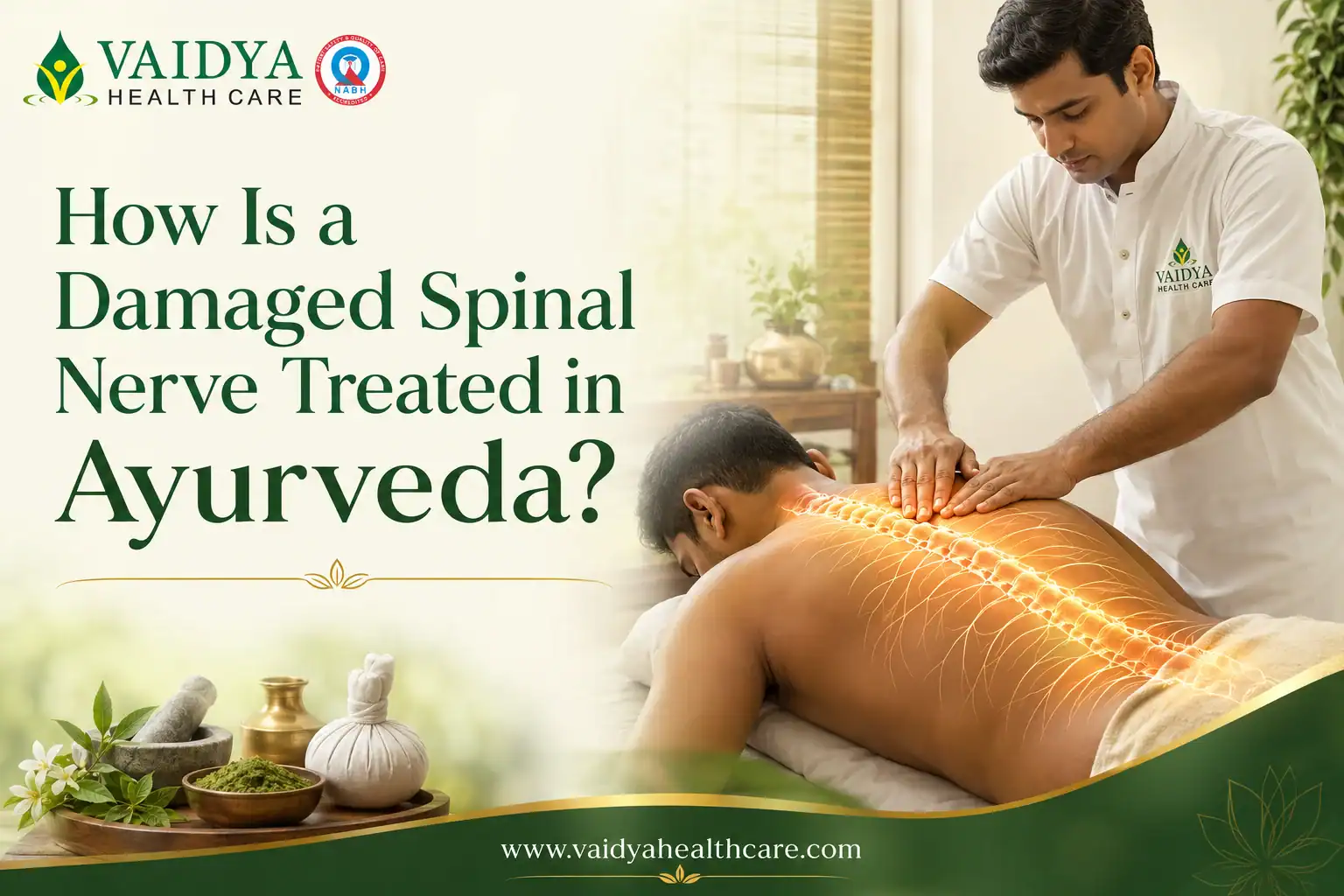 Vaidya Health Care banner with a therapist massaging a man's back, highlighting a glowing spine, next to the title about Ayurveda spinal nerve treatment.